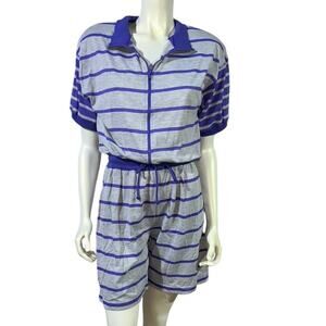 CA Sport Purple Grey Striped Zip Front Romper Small Vintage 80s